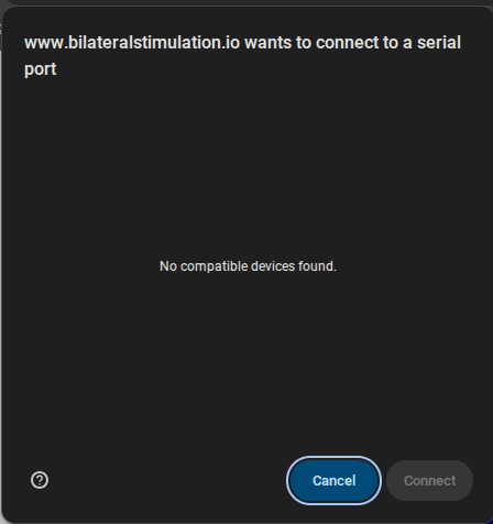The browser's serial port pairing dialog, empty, showing the message 'No compatible devices found'.