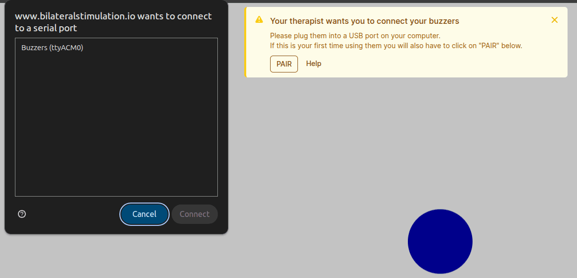 The browser's serial port pairing dialog listing the buzzers, ready to connect.