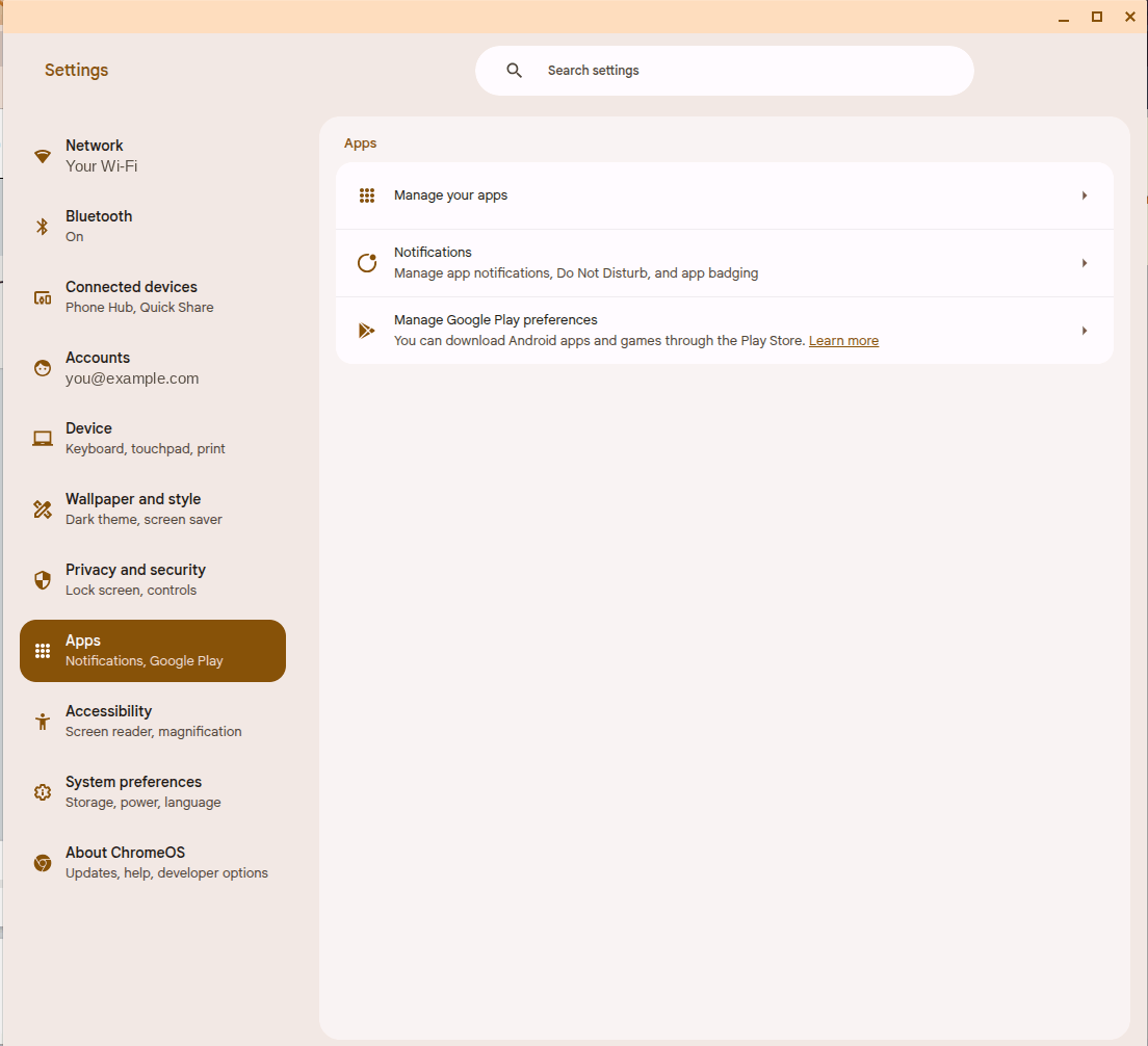 Chromebook Settings with 'Apps' selected in the sidebar.