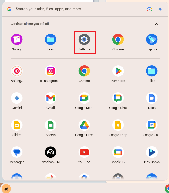 The Chromebook app launcher with the Settings icon highlighted.