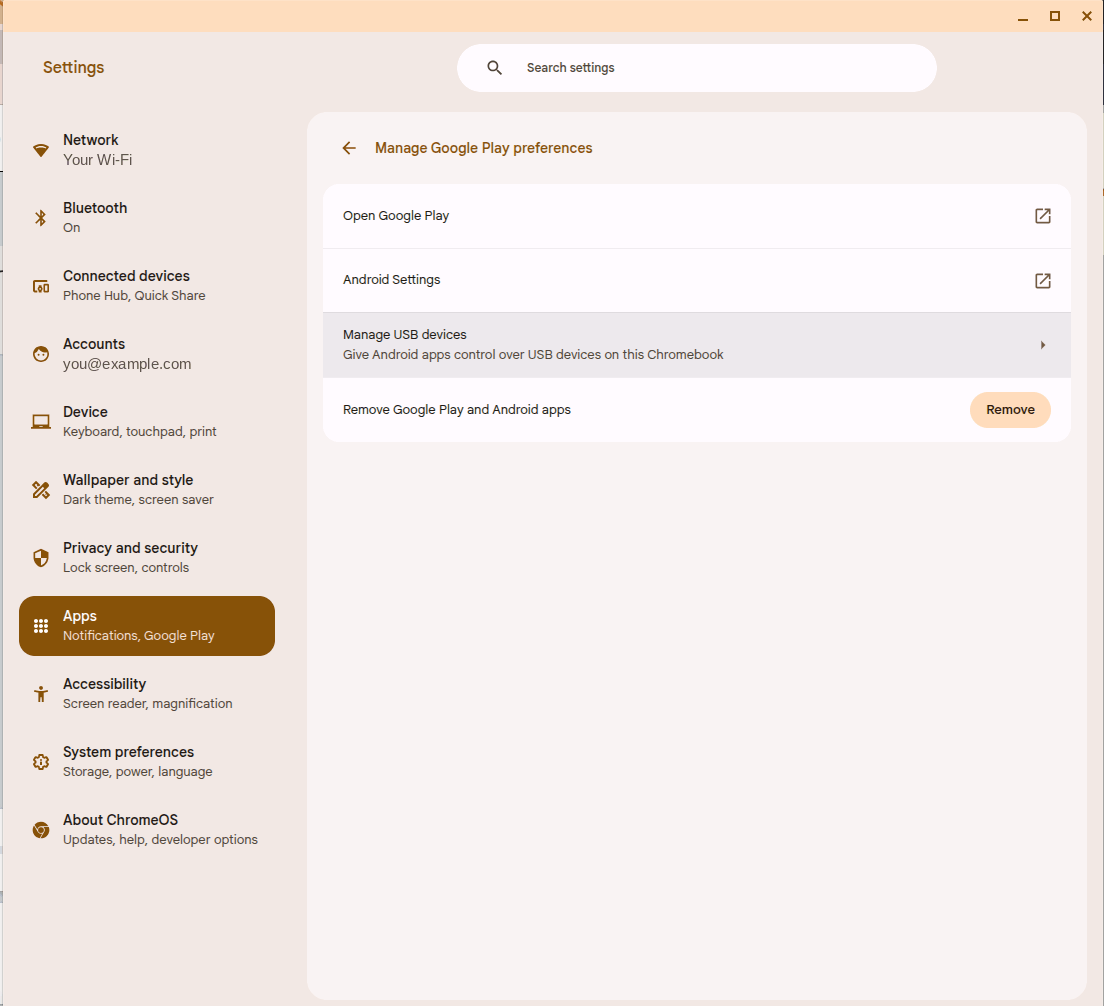 The 'Manage Google Play preferences' settings page, showing the 'Manage USB devices' entry.