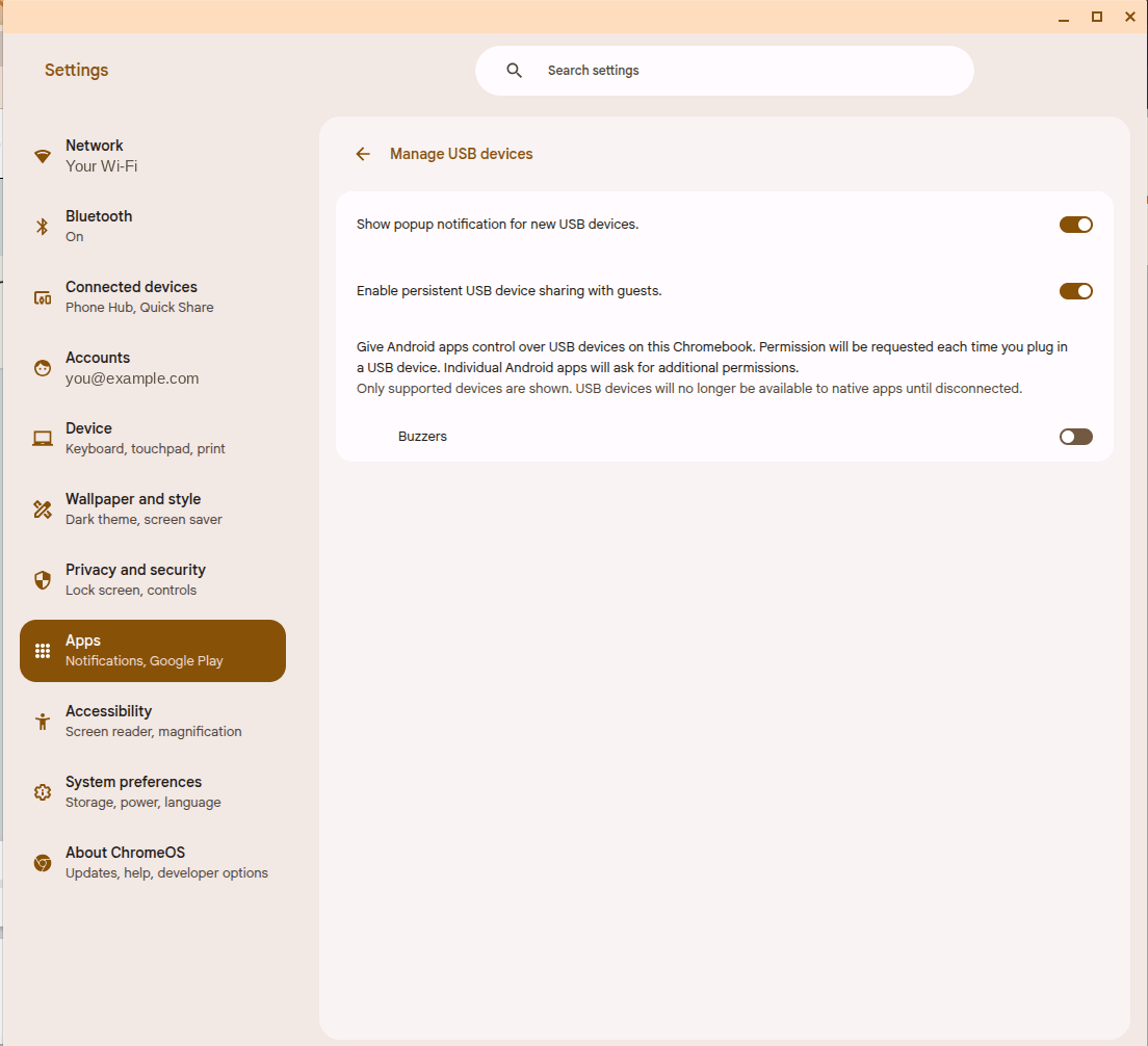 The 'Manage USB devices' settings page with the switch next to 'Buzzers' turned off.