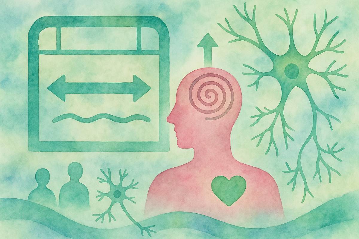 Person with spiral in head and heart on chest, surrounded by arrows and brain cells, symbolizing EMDR therapy.
