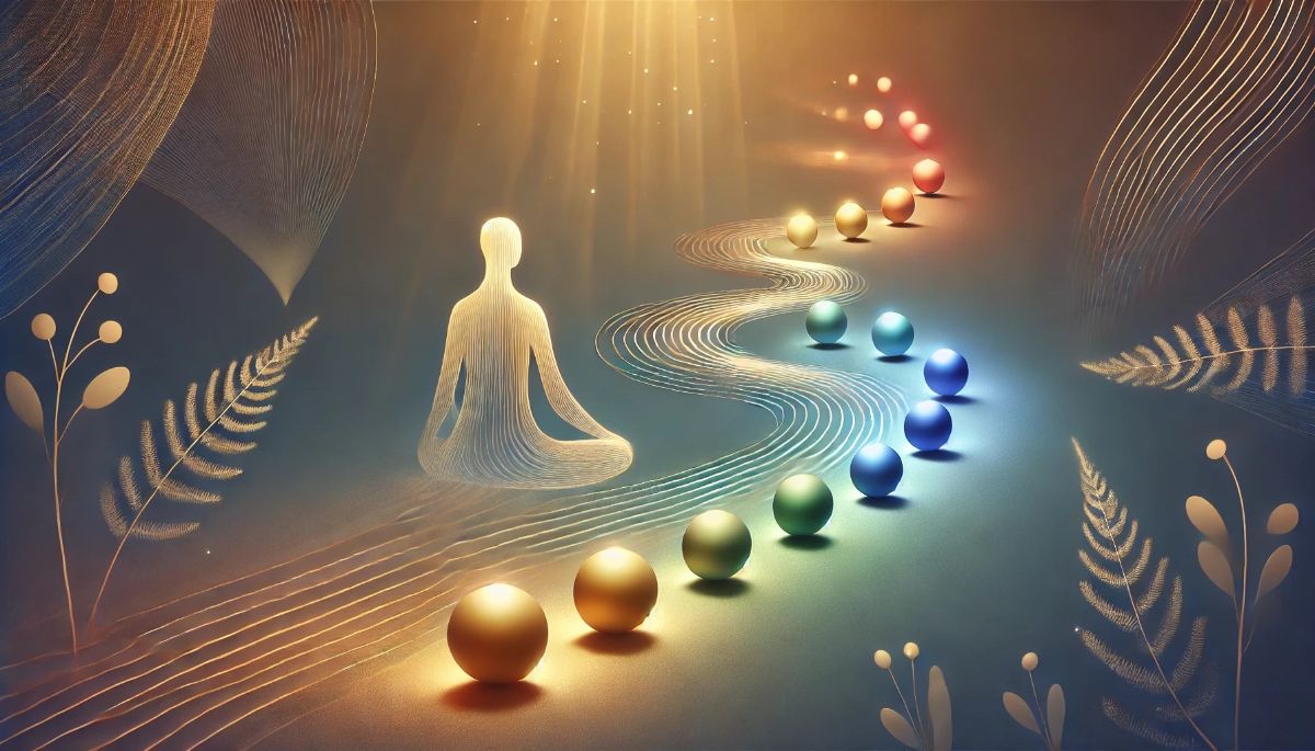 A glowing figure sits calmly as a rainbow path of light and spheres moves forward, suggesting healing, identity, and growth.