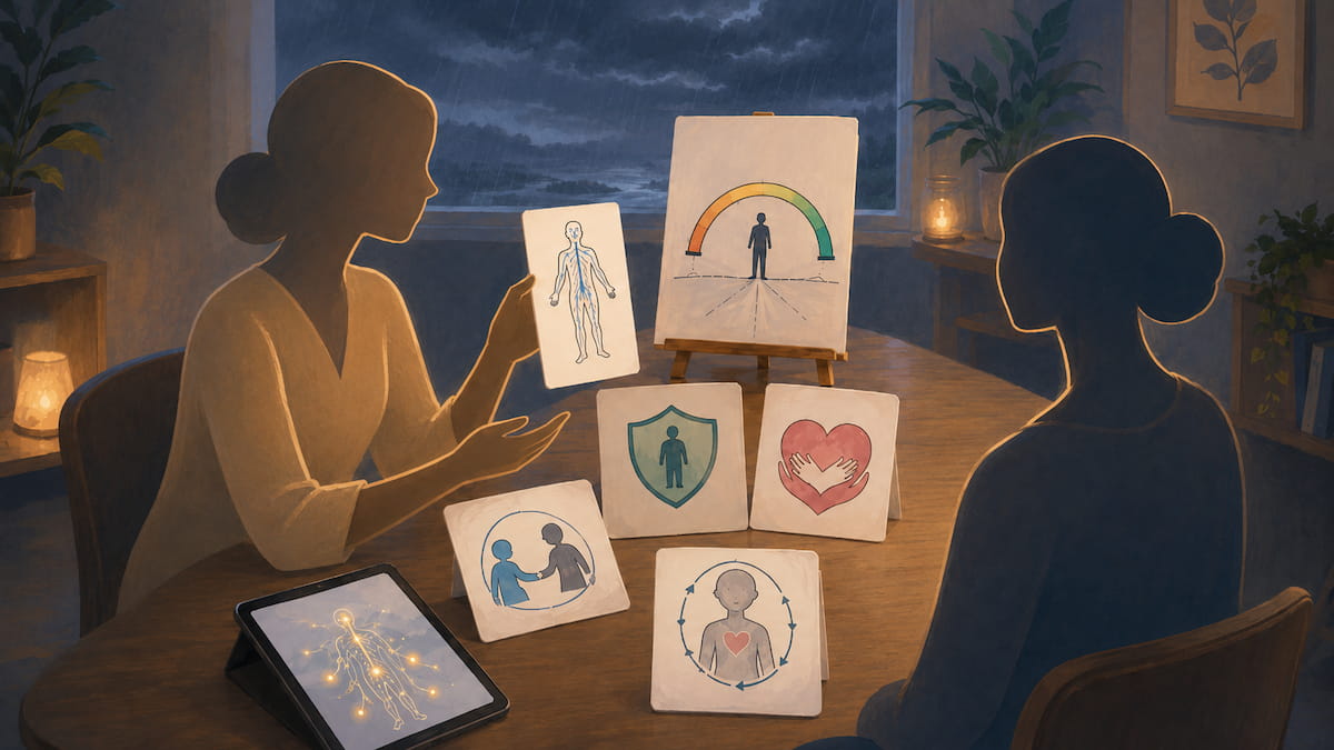 A therapist showing a client illustrated psychoeducation cards about the nervous system, the window of tolerance, boundaries, and attachment.