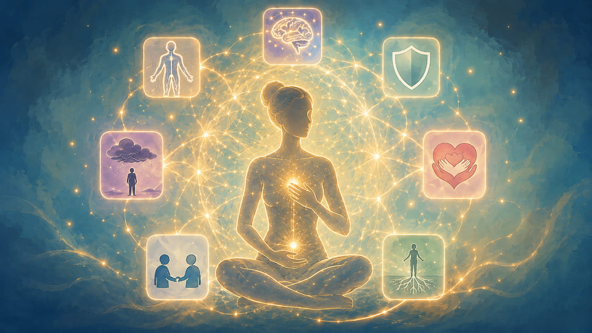 A serene figure sits cross-legged, surrounded by glowing cards depicting the nervous system, the brain, boundaries, attachment, and other trauma psychoeducation concepts.